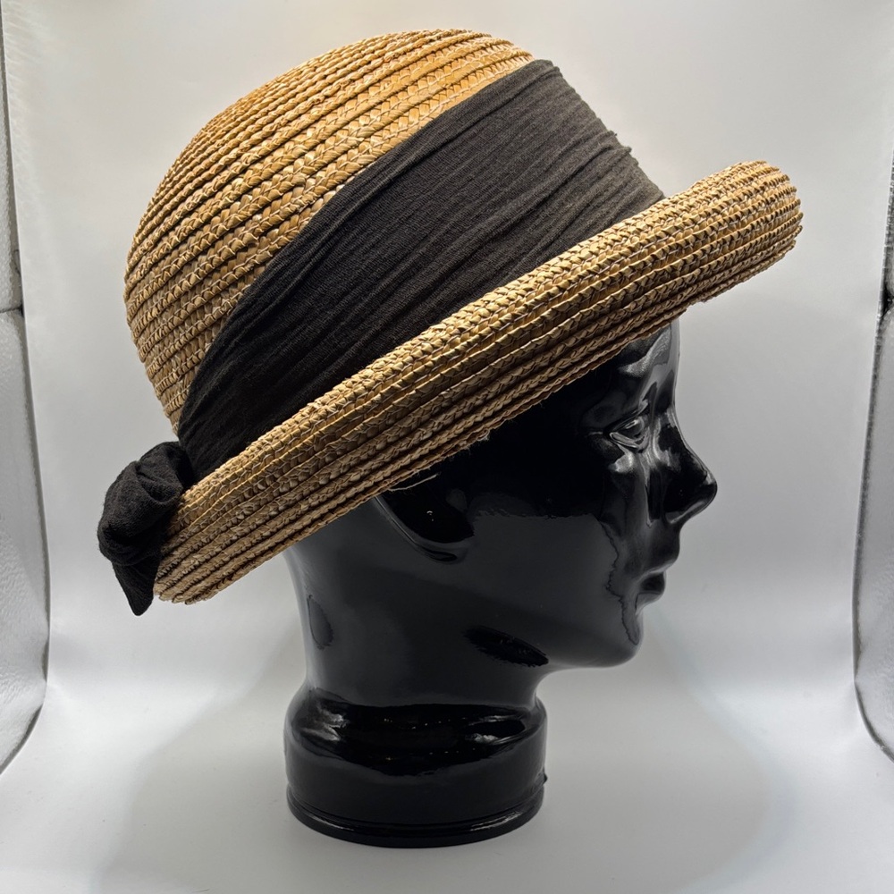 Elegant‎ Women's Natural Straw Bowler Hat w/Black Ribbon Trim